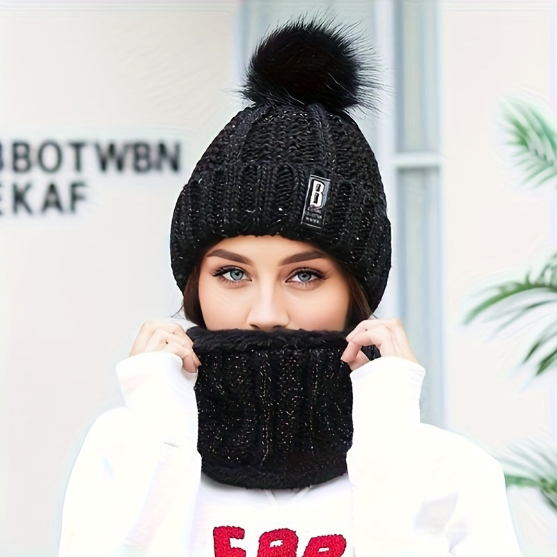 Conjunto de 2 peças de gorro de inverno para mulher e cachecol de pescoço com forro de lã e pompon - Respirável, elástico, fecho de botão, lavagem à mão apenas, perfeito para ocasiões de Natal
