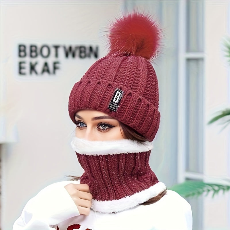 Conjunto de 2 peças de gorro de inverno para mulher e cachecol de pescoço com forro de lã e pompon - Respirável, elástico, fecho de botão, lavagem à mão apenas, perfeito para ocasiões de Natal