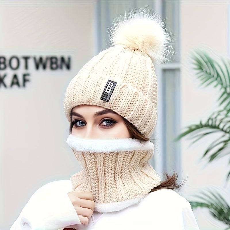 Conjunto de 2 peças de gorro de inverno para mulher e cachecol de pescoço com forro de lã e pompon - Respirável, elástico, fecho de botão, lavagem à mão apenas, perfeito para ocasiões de Natal