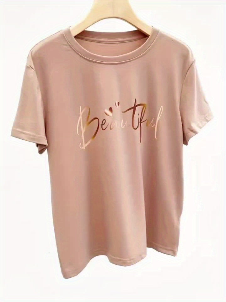 T-shirt casual de gola redonda para mulheres com estampa de coração e letra - Design "Belo", manga curta, ajuste solto, preto, perfeito para primavera/verão/outono, T-shirts femininas