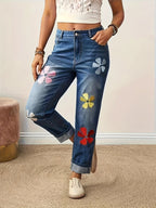 Calças Jeans Femininas Elásticas - Calças de Stretch Não Transparentes com Estampa Floral (Rosa/Vermelho/Amarelo), Corte Reto para Looks Casuais e Formais, Lavável em Máquina, Bordado Decorativo, Moda Confortável