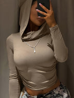 Top Recortado Com Capuz De Cor Sólida, Top Fino De Manga Comprida Y2K, Roupas Femininas