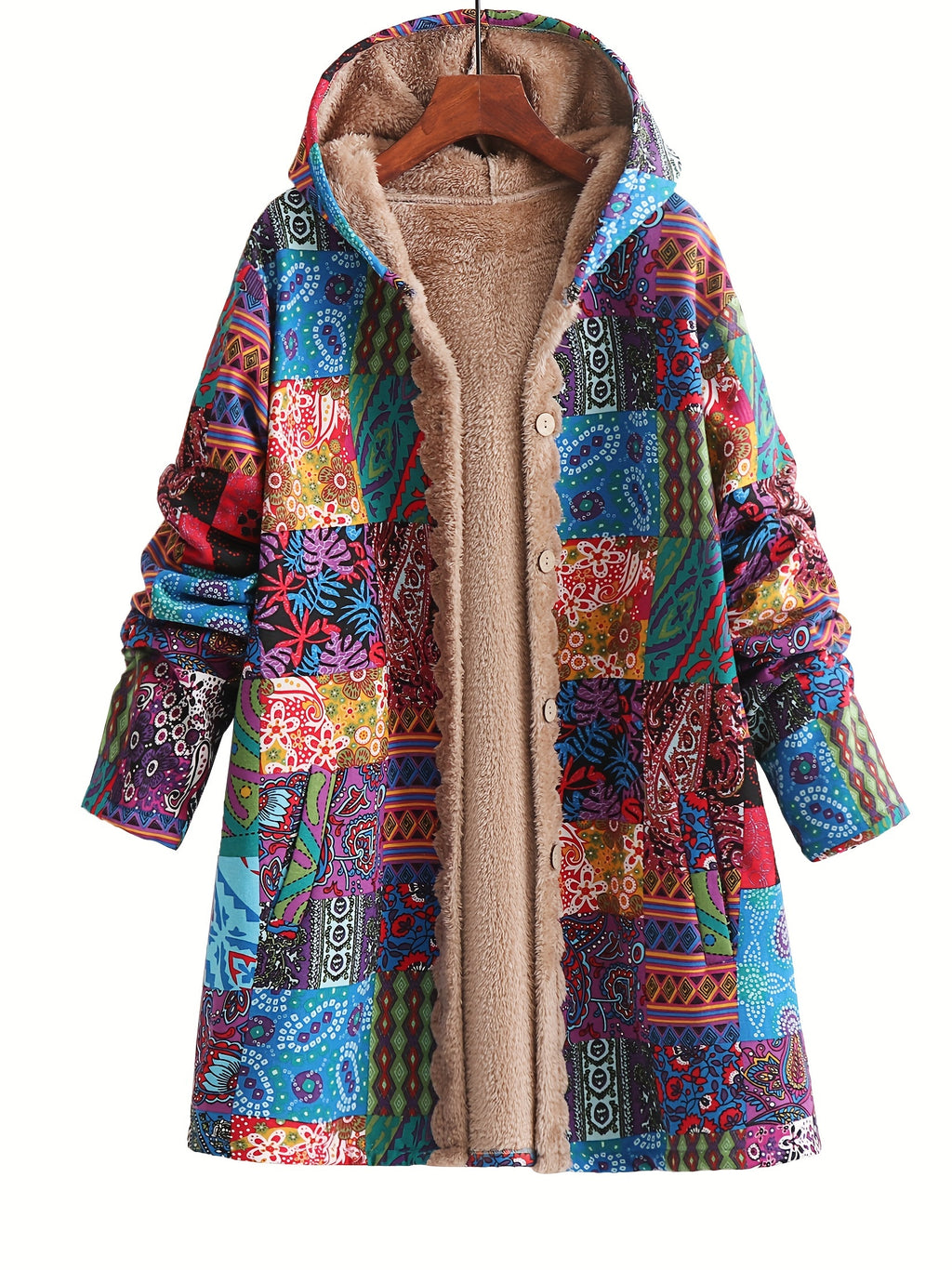Casaco com Capuz Forrado de Fleece com Estampa Paisley & Floral Colorida - Quente, com Botões, Manga Longa, Roupa de Fora para Mulheres, Lavável à Máquina