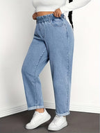 Calças Jeans Femininas de Cintura Alta - Cós Elástico que Não Deixa o Ventre à Vista, Calças Clássicas em Tecido Denim Sem Elasticidade para Uso Diário e Formal, Modelo H-Line Elegante e Casual