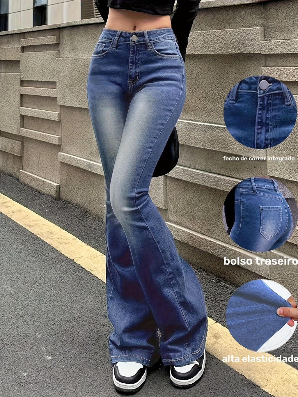 Calças de ganga de cintura alta e elásticas para mulheres - Corte justo com cintura média e bainha de sino com bolsos inclinados, em denim azul lavado e com fecho integrado, para uso casual em todas as estações, calças de ganga de cintura alta, moda confortável, tecido durável, calças versáteis, estilo vintage, costura de qualidade, calças elegantes, moda feminina