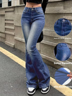 Calças de ganga de cintura alta e elásticas para mulheres - Corte justo com cintura média e bainha de sino com bolsos inclinados, em denim azul lavado e com fecho integrado, para uso casual em todas as estações, calças de ganga de cintura alta, moda confortável, tecido durável, calças versáteis, estilo vintage, costura de qualidade, calças elegantes, moda feminina