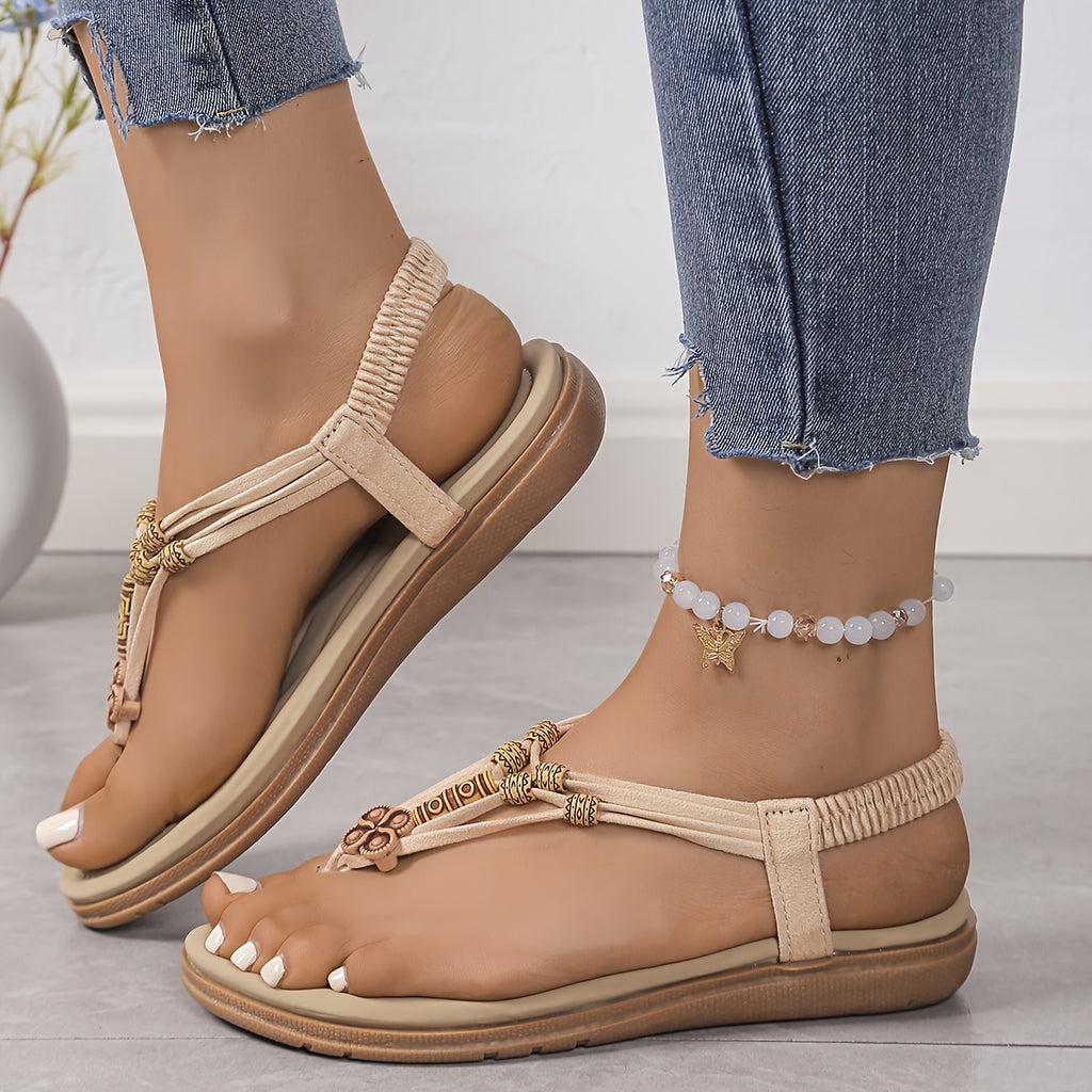 Sandálias Elegantes Boho Chic para Mulheres - Chinelos com Alça Elástica em T, Abertas na Frente, Design Trançado Branco, Confortáveis para Uso Diário