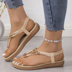 Sandálias Elegantes Boho Chic para Mulheres - Chinelos com Alça Elástica em T, Abertas na Frente, Design Trançado Branco, Confortáveis para Uso Diário