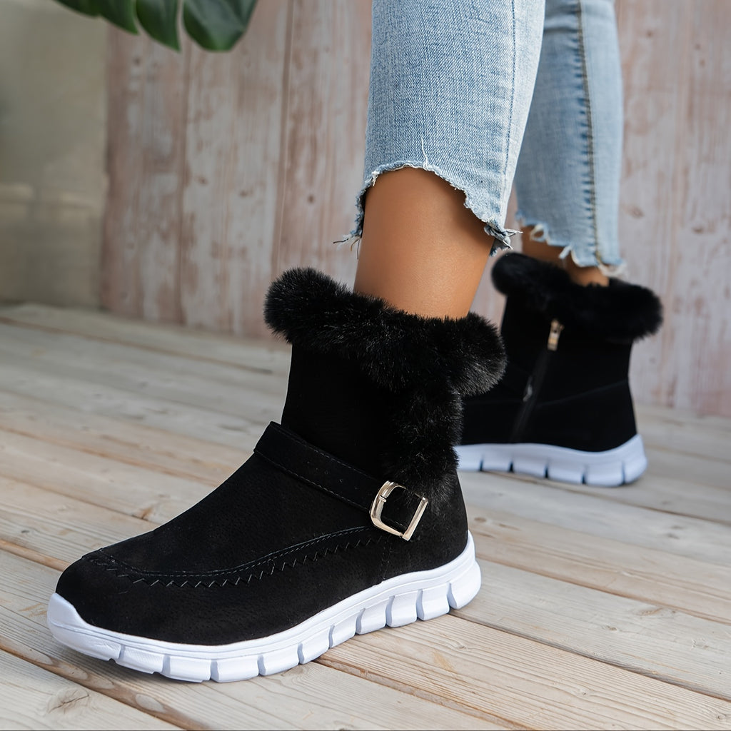 Botas de Inverno Femininas - Sola Espessa com Plataforma para Clima Frio, Sola em PU Antiderrapante, Fecho de Zíper, Interior Aveludado tipo Pelo Sintético - Sapatos Quentes para Looks Diários e Formais - Ylxhoa, Calçado Sazonal, Calçado Elegante, Construção Durável