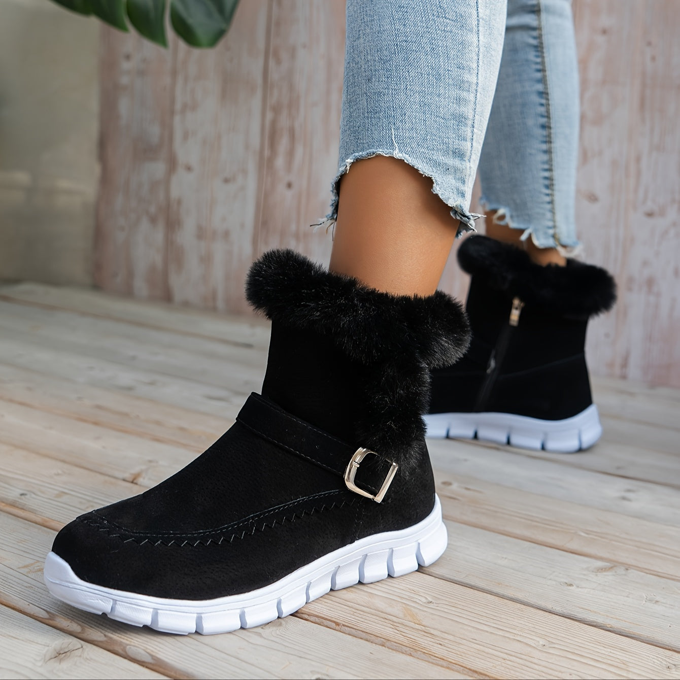 Botas de Inverno Femininas - Sola Espessa com Plataforma para Clima Frio, Sola em PU Antiderrapante, Fecho de Zíper, Interior Aveludado tipo Pelo Sintético - Sapatos Quentes para Looks Diários e Formais - Ylxhoa, Calçado Sazonal, Calçado Elegante, Construção Durável