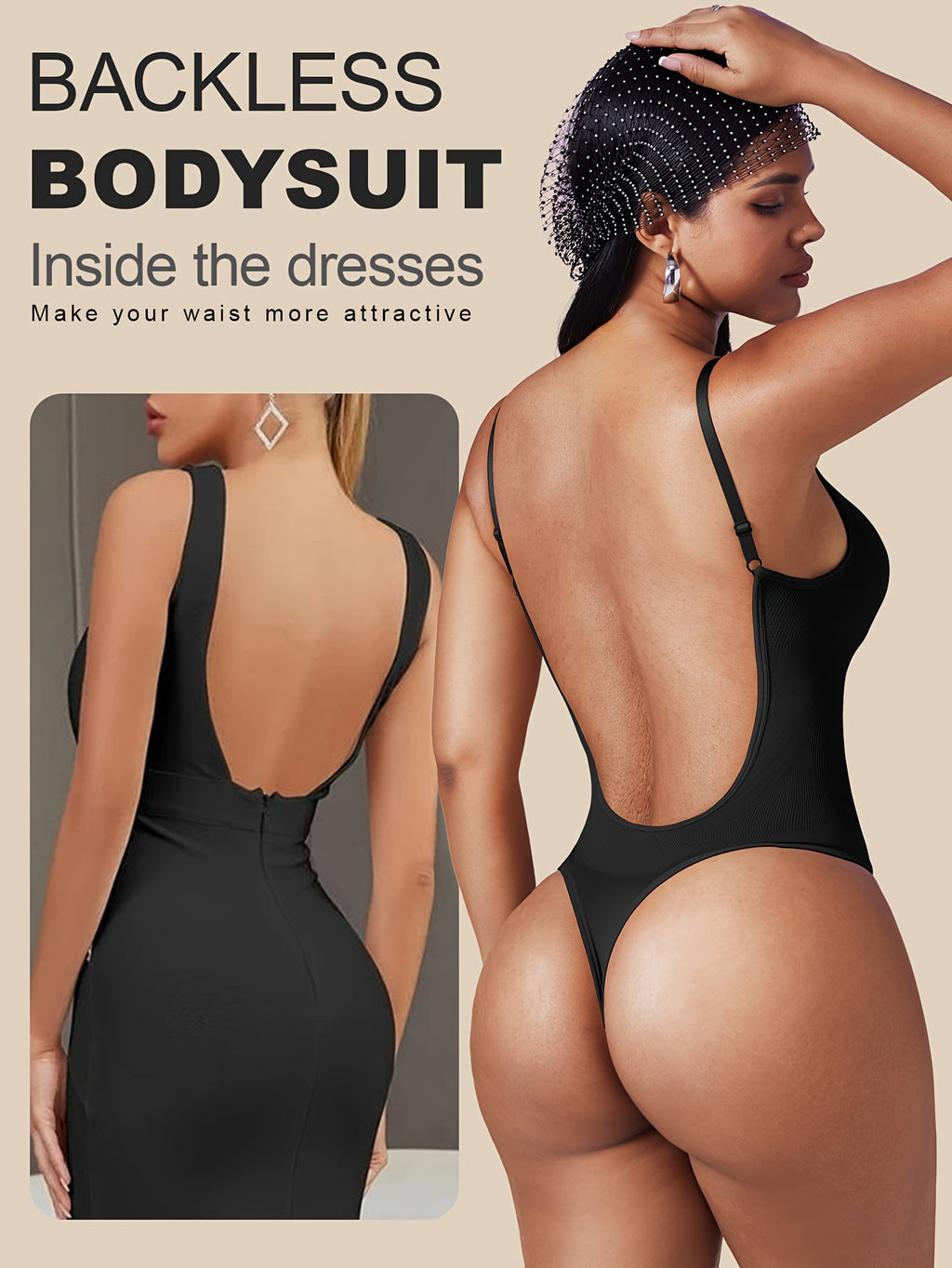 1 Peça Body Feminino Sem Costas com Controle de Barriga - Modelador Invisível e Sem Costura para Vestidos Internos & Casamento TE211