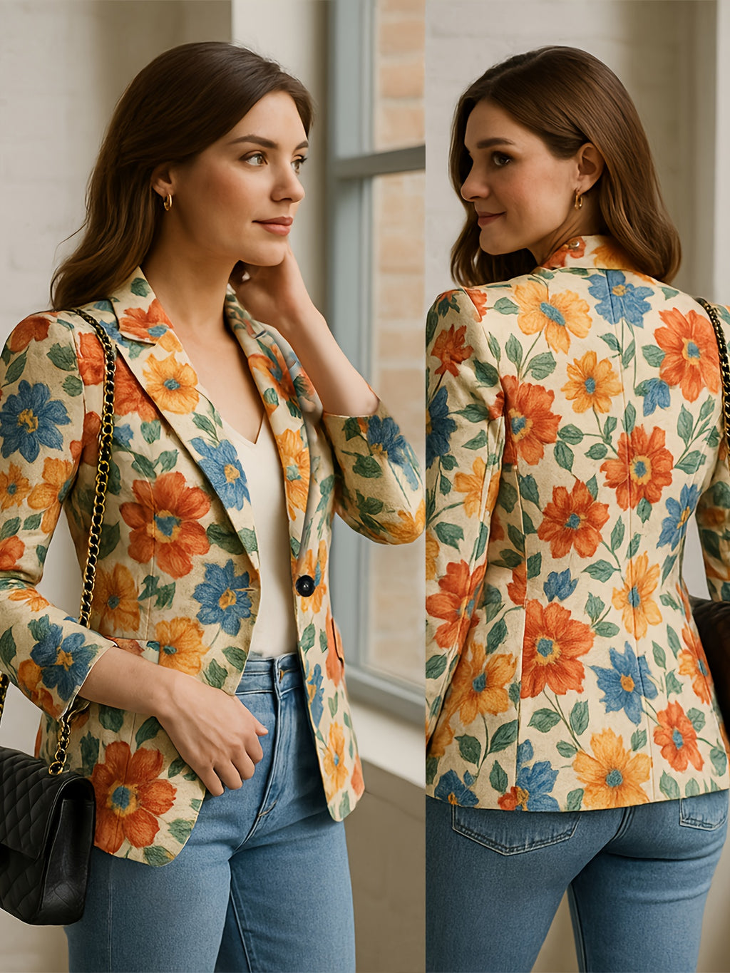 Chic e Elegante, esta Blazer elegante apresenta um único botão e um estampado floral.