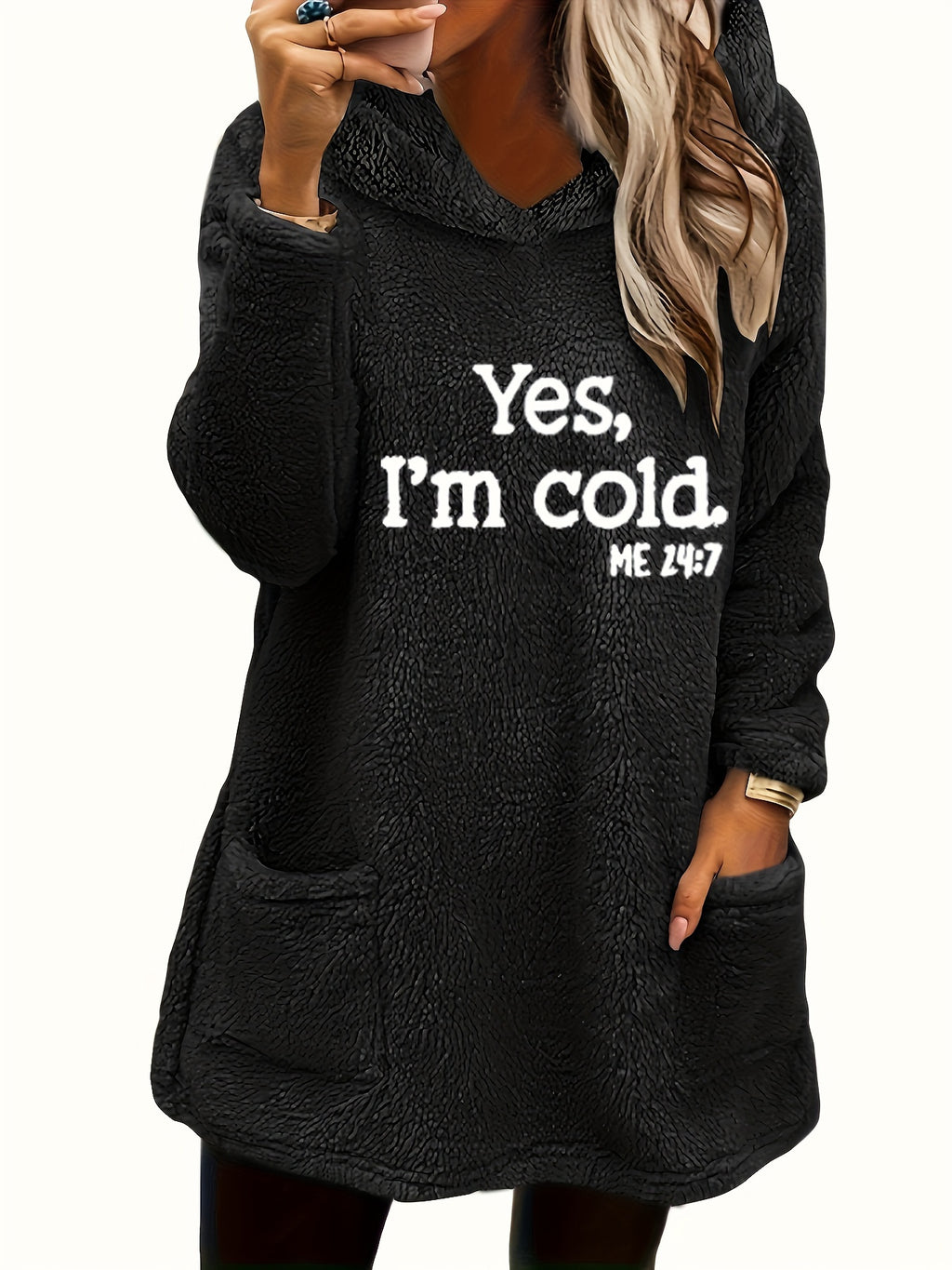 Moletom com Capuz de Urso Teddy "Sim, Estou Frio" para Mulheres - 100% Poliéster Ajuste Relaxado Manga Longa com Bolsos Duplos, Top Casual Forrado em Fleece Aconchegante para Outono & Inverno