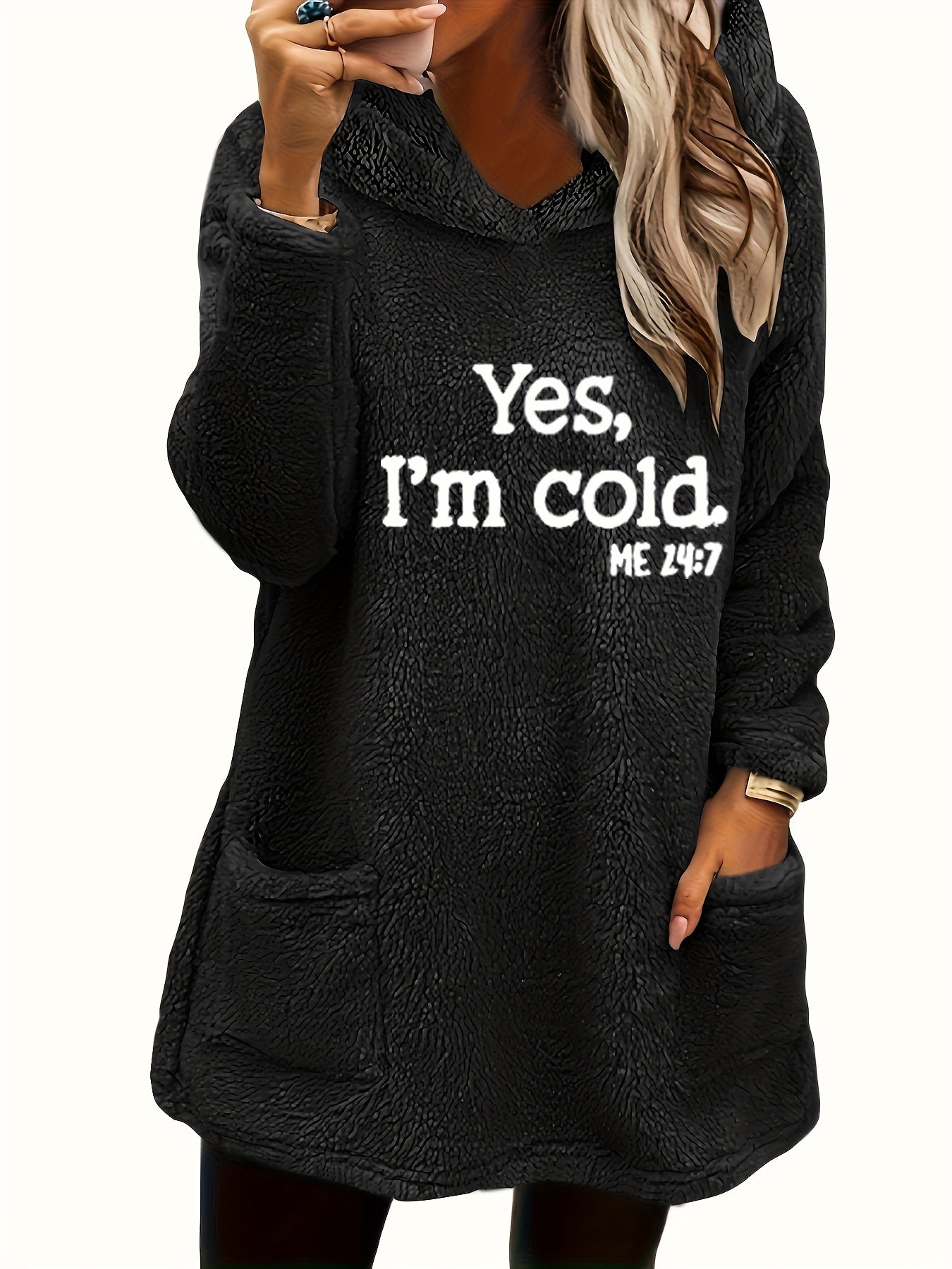 Moletom com Capuz de Urso Teddy "Sim, Estou Frio" para Mulheres - 100% Poliéster Ajuste Relaxado Manga Longa com Bolsos Duplos, Top Casual Forrado em Fleece Aconchegante para Outono & Inverno