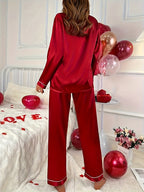 Conjunto Simples De Lounge Em Cetim Sólido, Top Com Botões De Manga Comprida E Lapela & Calças Elásticas, Loungewear Para Mulheres