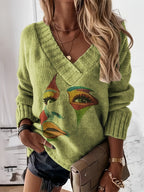 Blusa Casual de Gola V com Estampa em Contraste e Tecido Solto em Estoque