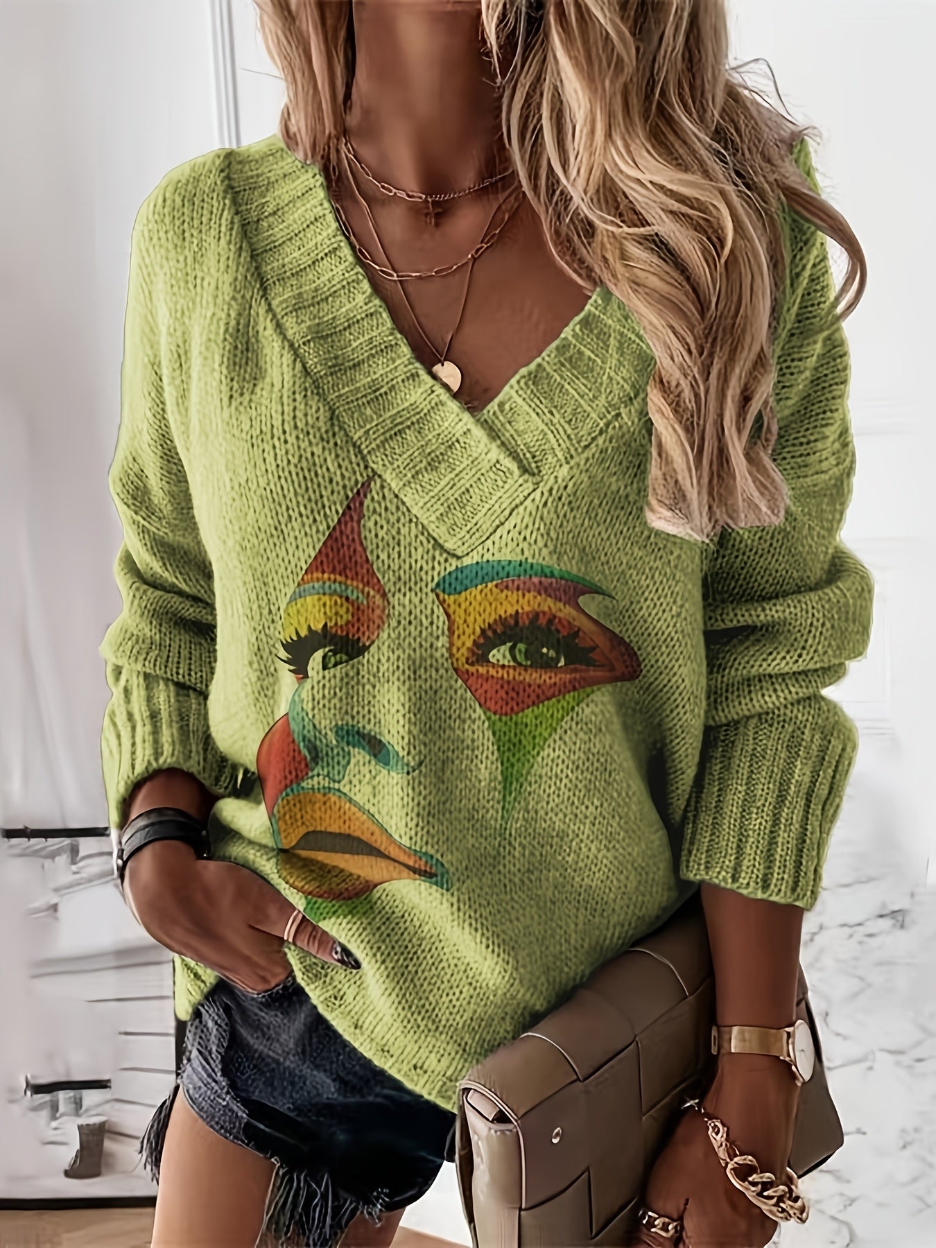 Blusa Casual de Gola V com Estampa em Contraste e Tecido Solto em Estoque