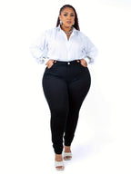 Calças Jeans Skinny de Cintura Alta para Mulheres Plus Size - Calças de Denim Elástico com Controle de Barriga e Perna Larga, Fechamento com Botão sem Cinto, Silhueta em H (Amigável para Curvas) - Lavável à Máquina para Uso Casual e Formal em Todas as Estações (Tamanho Máximo 5XL Disponível)
