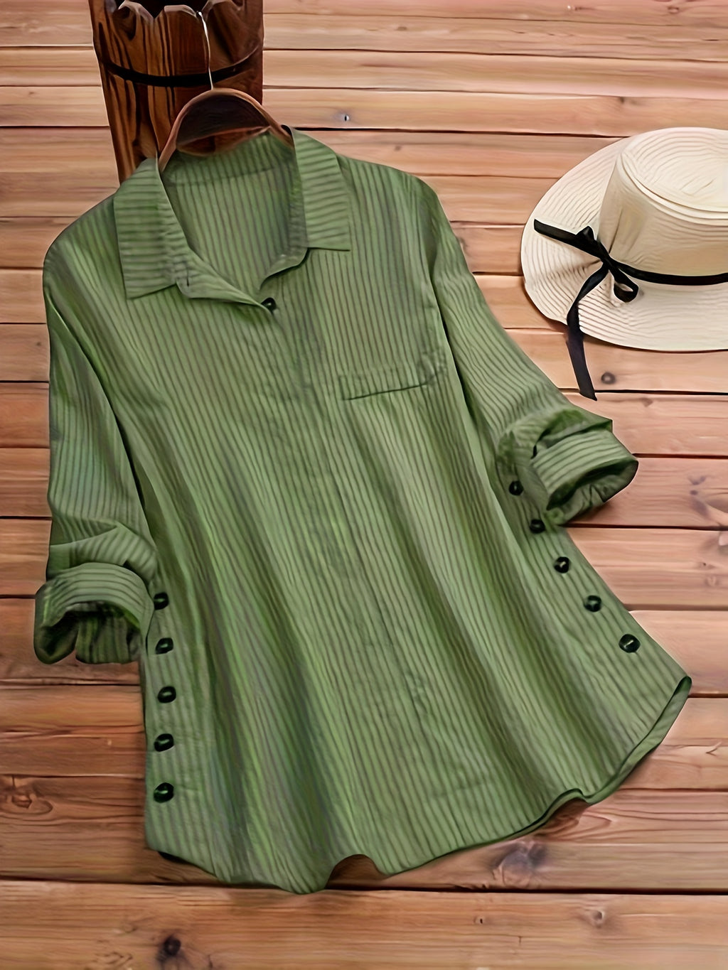 Blusa Com Botão Lateral Sólido, Blusa Com Colar Boho E Mangas Enroláveis, Roupas Femininas