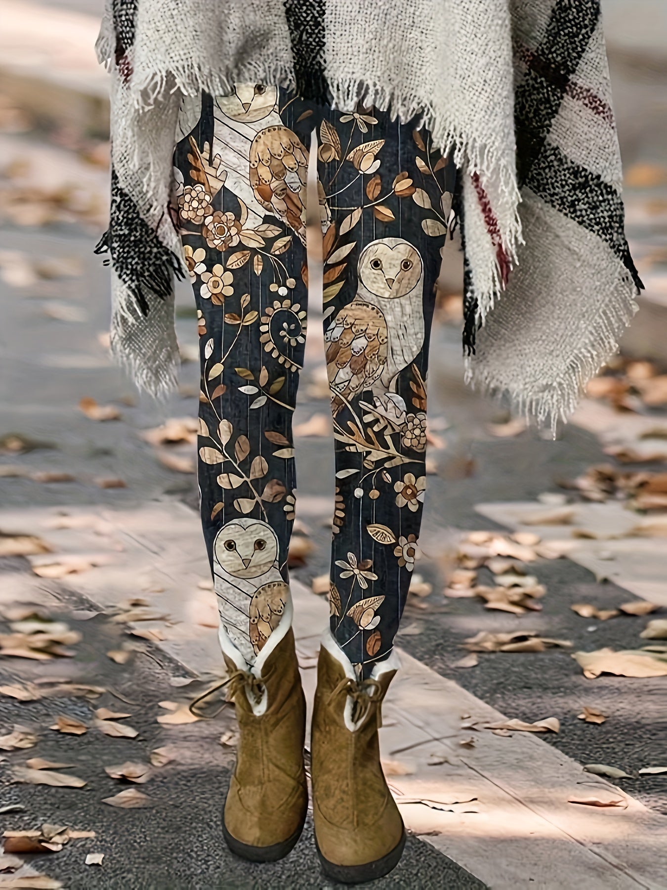 Meia-calça de Base com Estampa de Coruja e Folha - Meia Opaca com Padrão Animal, Lavável à Máquina, Uso Casual para Primavera, Verão e Outono, Ideal para Saias, Vestidos e Looks (Não)