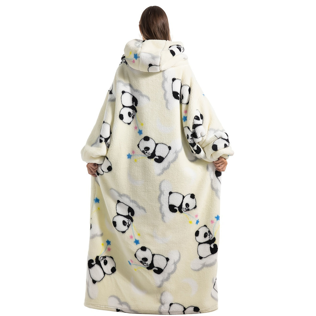 Moletom de Pelúcia Aconchegante com Capuz e Estampa de Panda Fofo - Bolso Oversized, Design Preto e Branco, Lavável na Máquina, Unissex para Uso Interno/Externo, Casaco Teddy Confortável, Textura Macia, Ideal para Relaxar em Casa