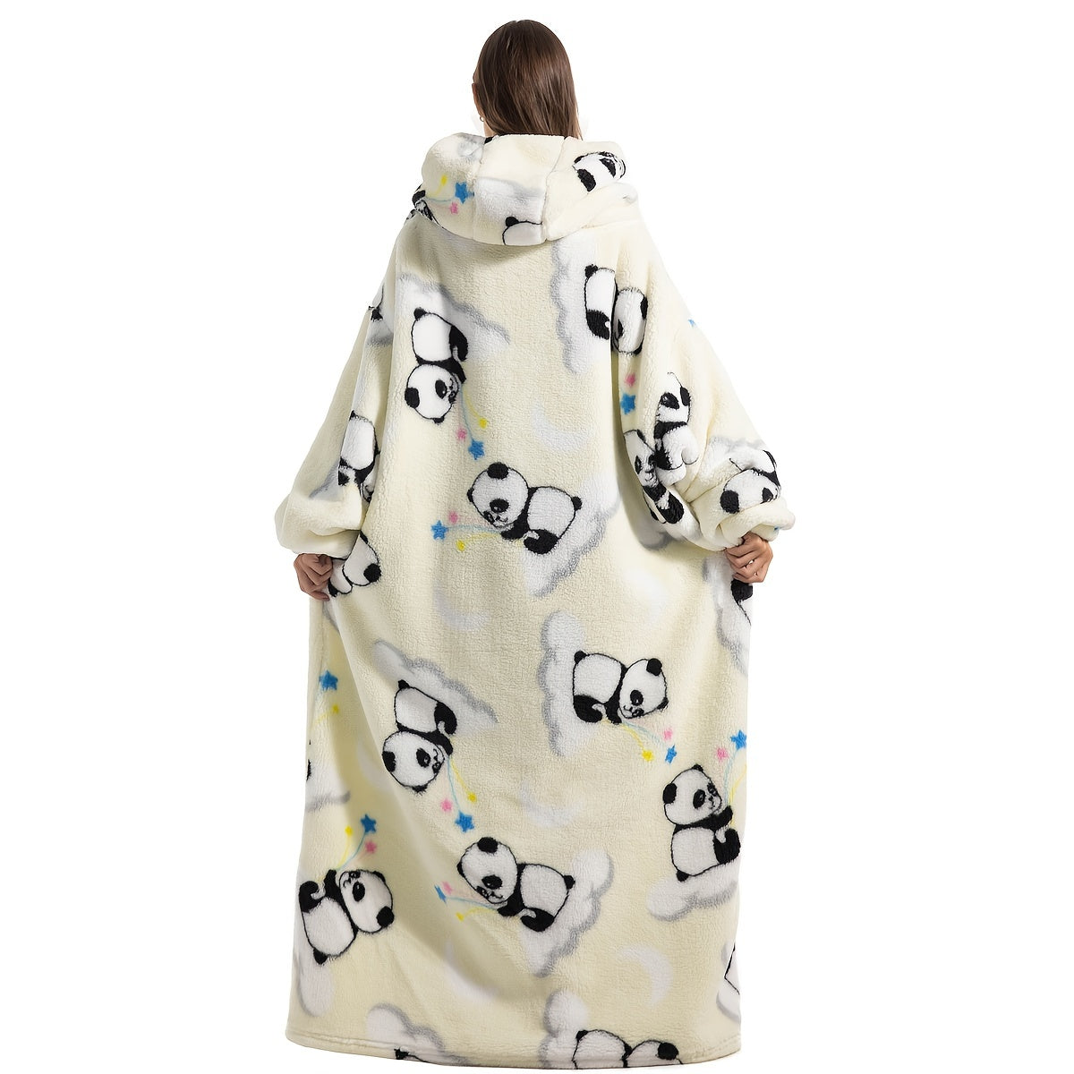 Moletom de Pelúcia Aconchegante com Capuz e Estampa de Panda Fofo - Bolso Oversized, Design Preto e Branco, Lavável na Máquina, Unissex para Uso Interno/Externo, Casaco Teddy Confortável, Textura Macia, Ideal para Relaxar em Casa