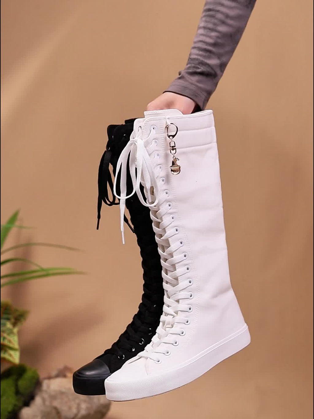 Botas de Cano Alto Rasas com Fecho Interior para Mulher | Pendente de Decoração de Halloween para Estudantes, Para Todas as Estações, Tamanhos 34-43