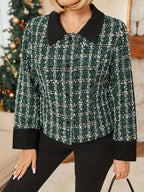 Jaqueta Xadrez Elegante Plus Size - Casaco de Inverno com Gola, Blazer Xadrez Verde/Branco/Preto/Bege, Lavável à Máquina, Roupa de Outono/Inverno para Escritório e Eventos Semi-Formais