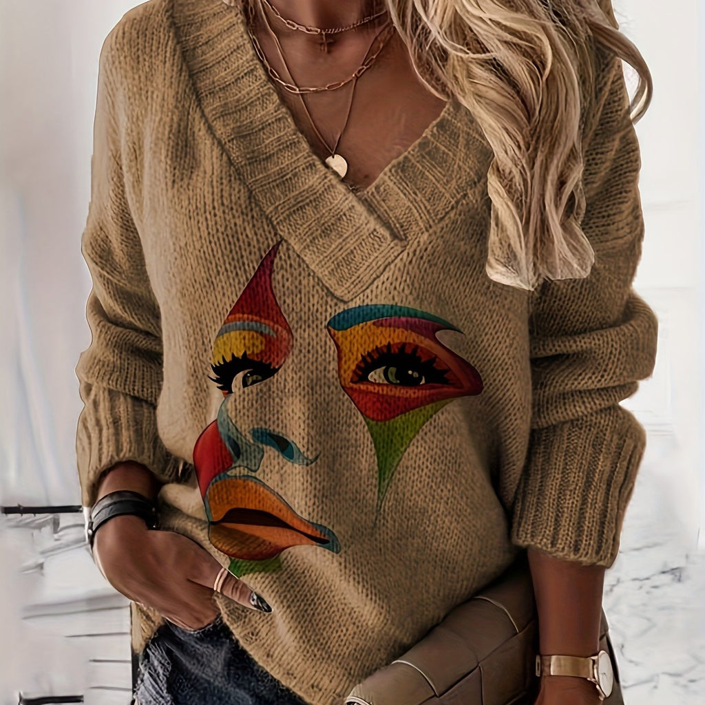 Stylish V-Neck Casual Blouse with Contrast Print