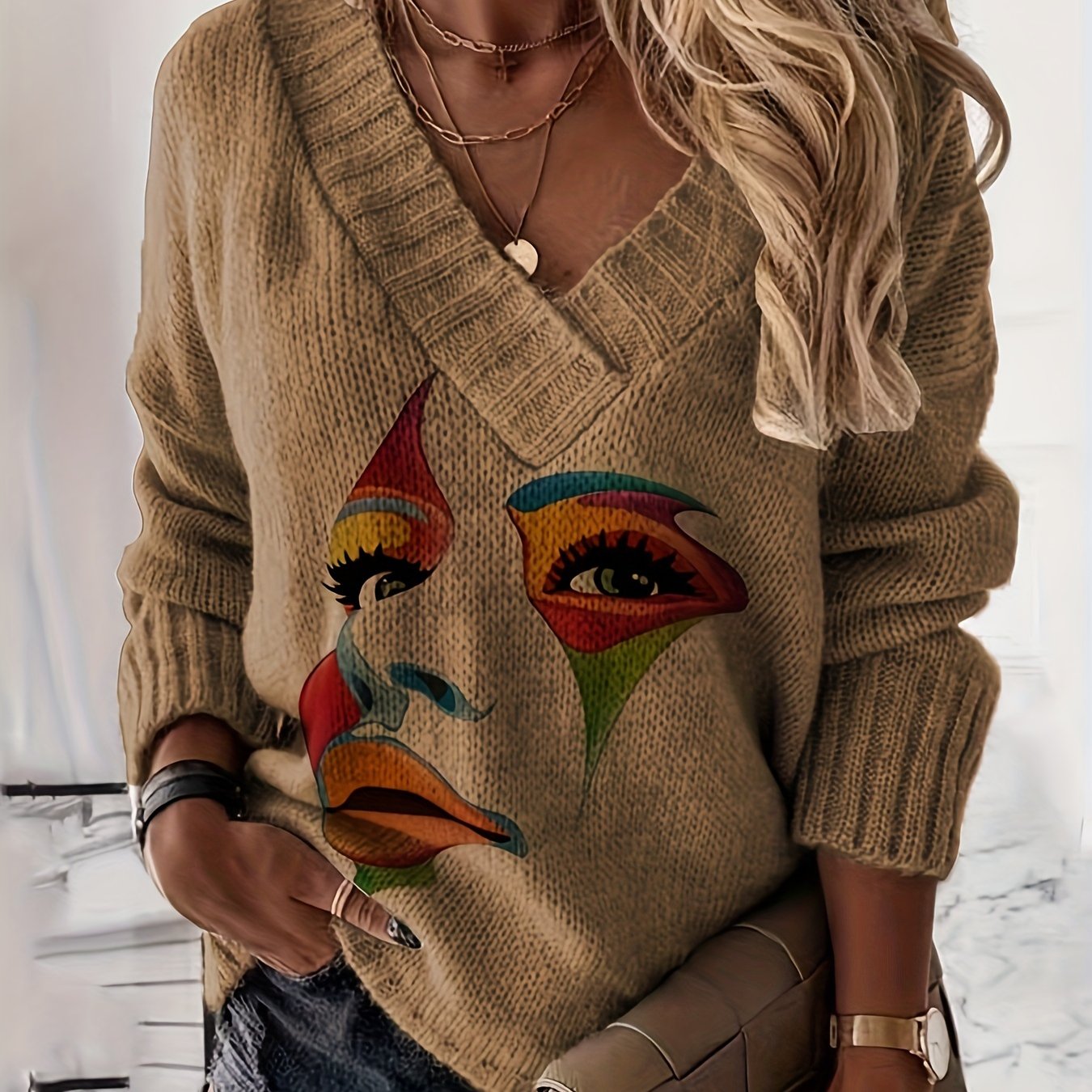 Stylish V-Neck Casual Blouse with Contrast Print