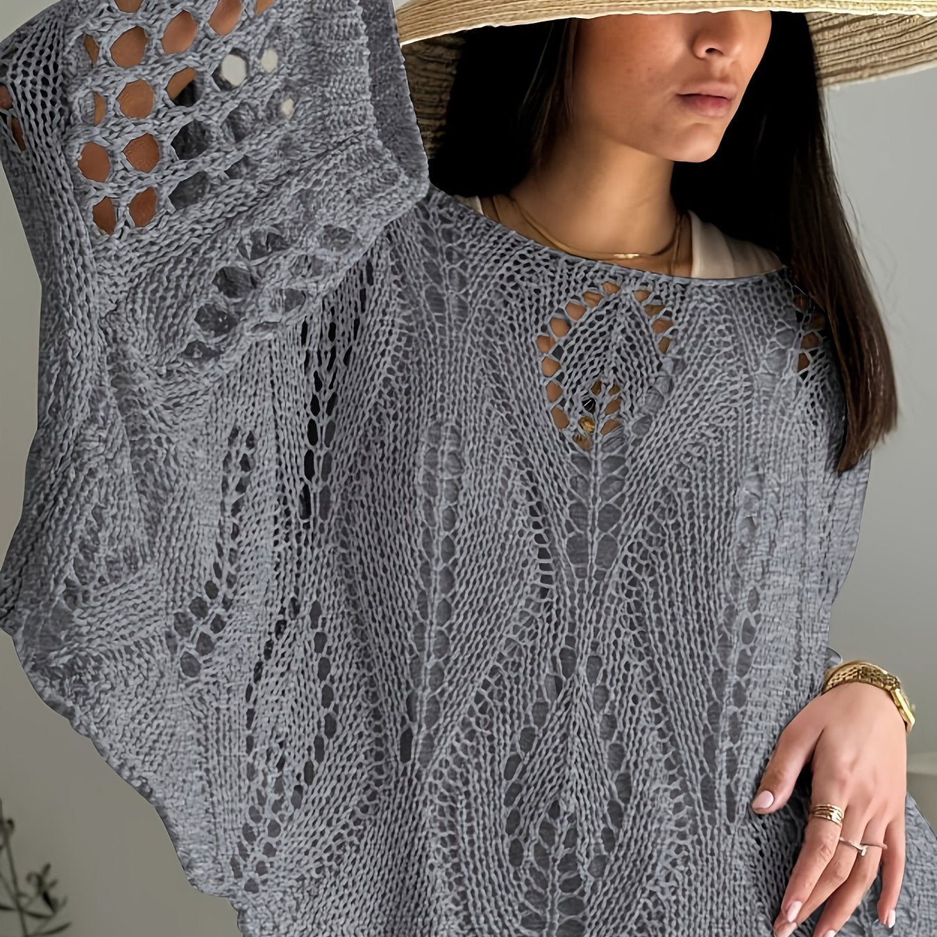 Plus Size Geometric Cutout 3/4 Sleeve Top - Sun Protection