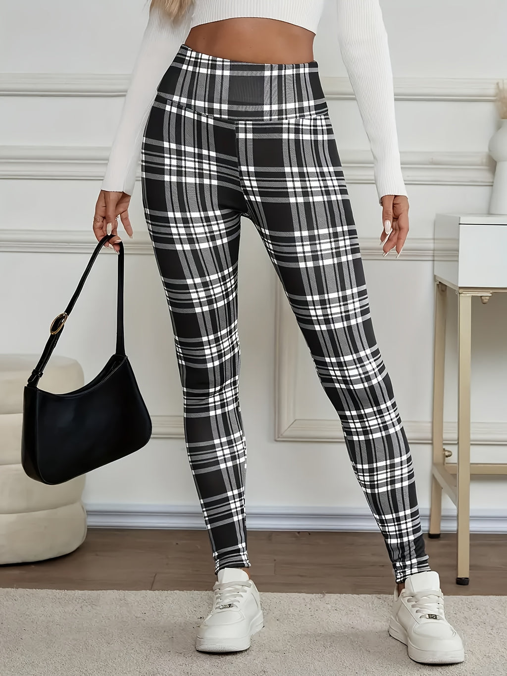 Calças Justas de Cintura Subida para Mulher - Tecido Opaco, Calças Laváveis à Máquina para Looks Diários e Formais - Calças Elegantes para Escritório, Festa, Casual - Essenciais de Roupa de Outono/Inverno, Leggings de Cintura Subida, Roupa Versátil, Padrão de Grelha, laváveis máquina, calças justas mulher, legging cintura subida, roupa outono inverno