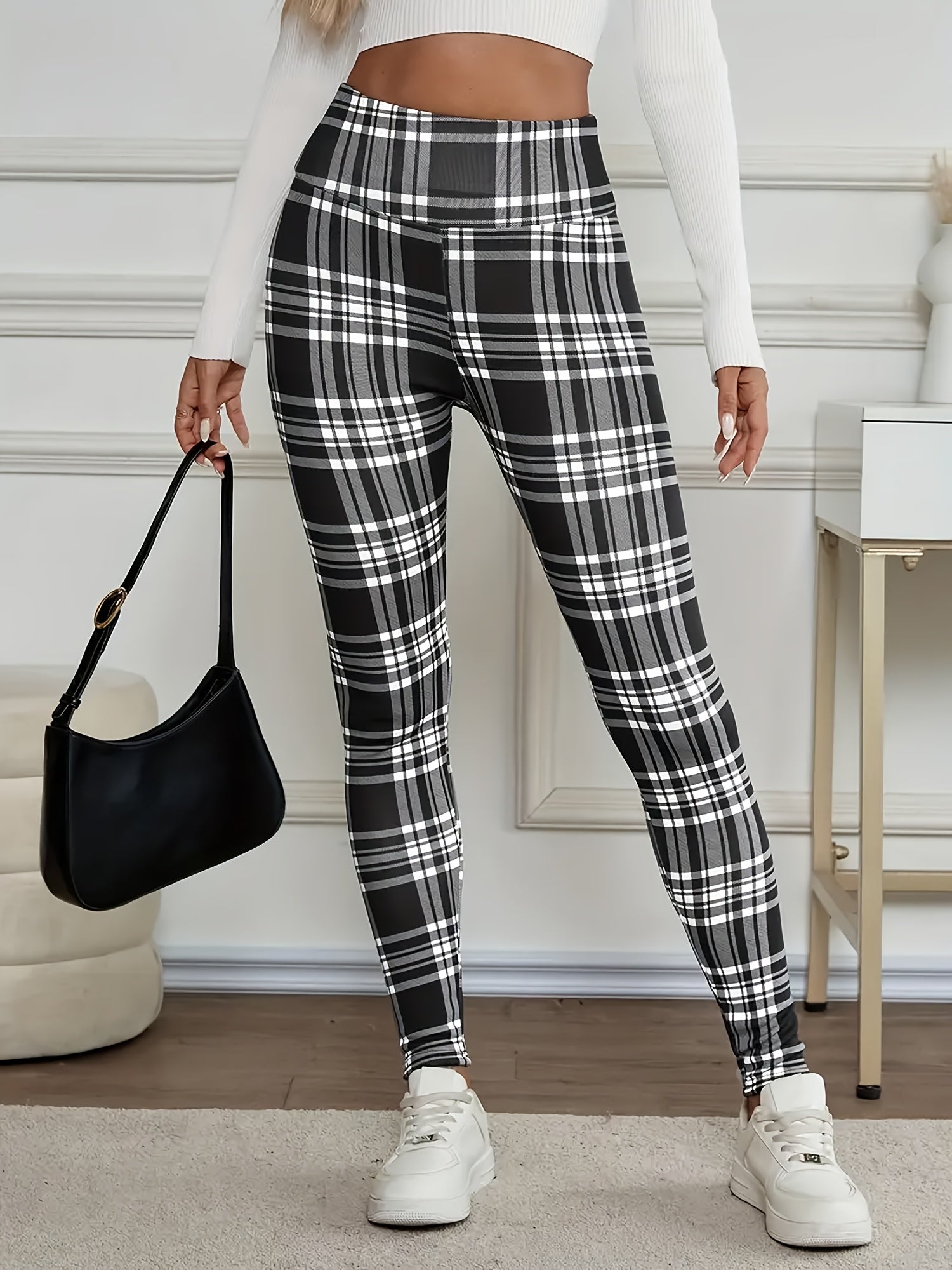 Calças Justas de Cintura Subida para Mulher - Tecido Opaco, Calças Laváveis à Máquina para Looks Diários e Formais - Calças Elegantes para Escritório, Festa, Casual - Essenciais de Roupa de Outono/Inverno, Leggings de Cintura Subida, Roupa Versátil, Padrão de Grelha, laváveis máquina, calças justas mulher, legging cintura subida, roupa outono inverno