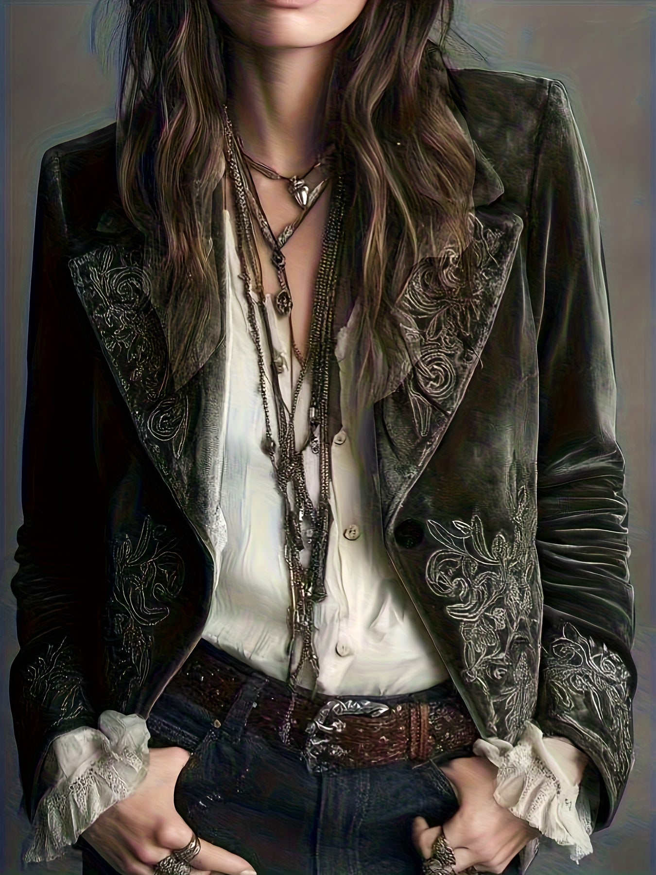 Blazer Feminino Elegante Vintage com Bordado Botânico - Jaqueta X-Shape de Um Botão, Lavável na Máquina, Traje de Outono/Inverno para Casamentos e Ocasiões Especiais (Comprimento Regular)