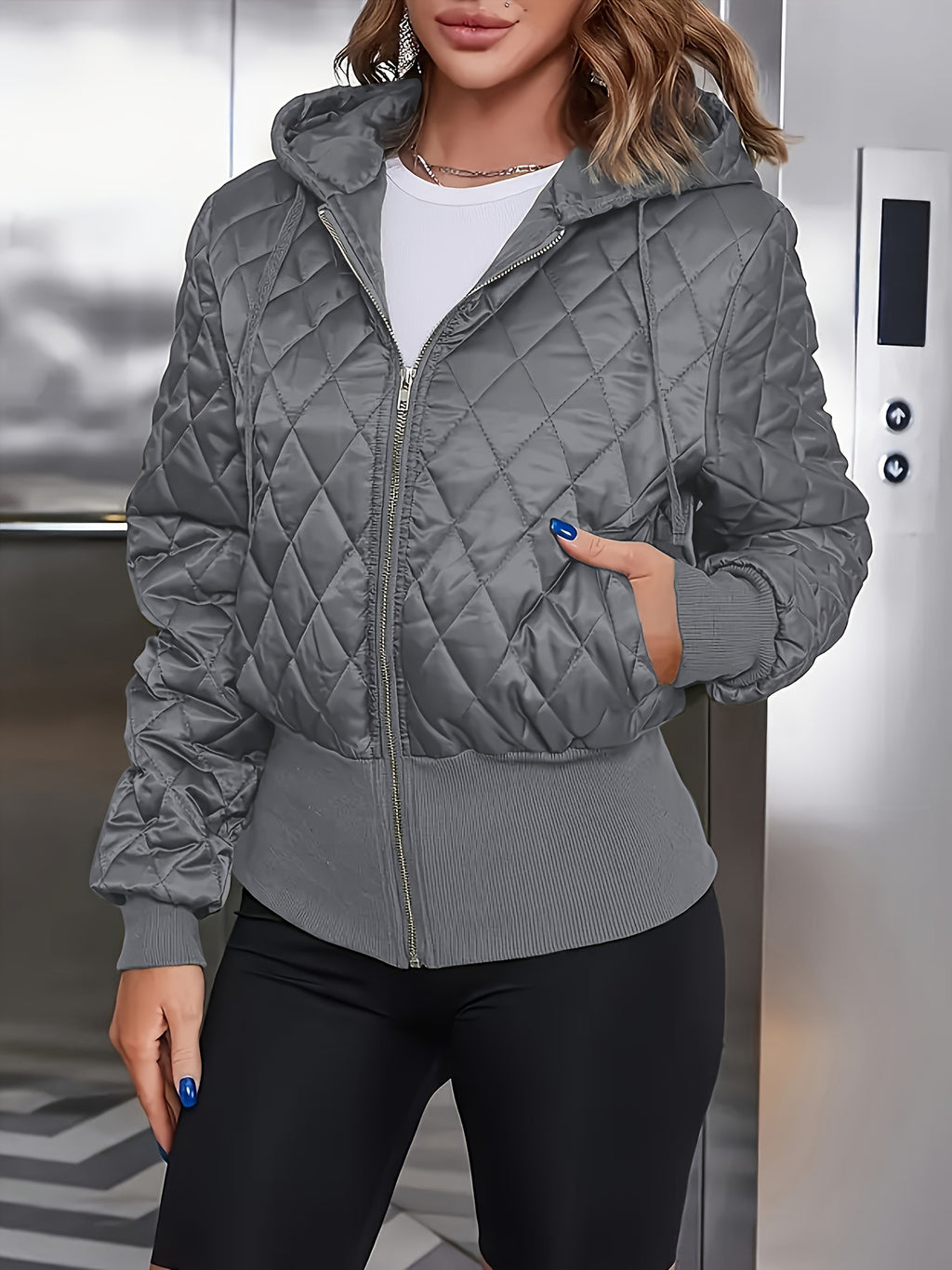 Casaco Acolchoado Casual com Capuz, Zíper e Cordão em Verde Militar