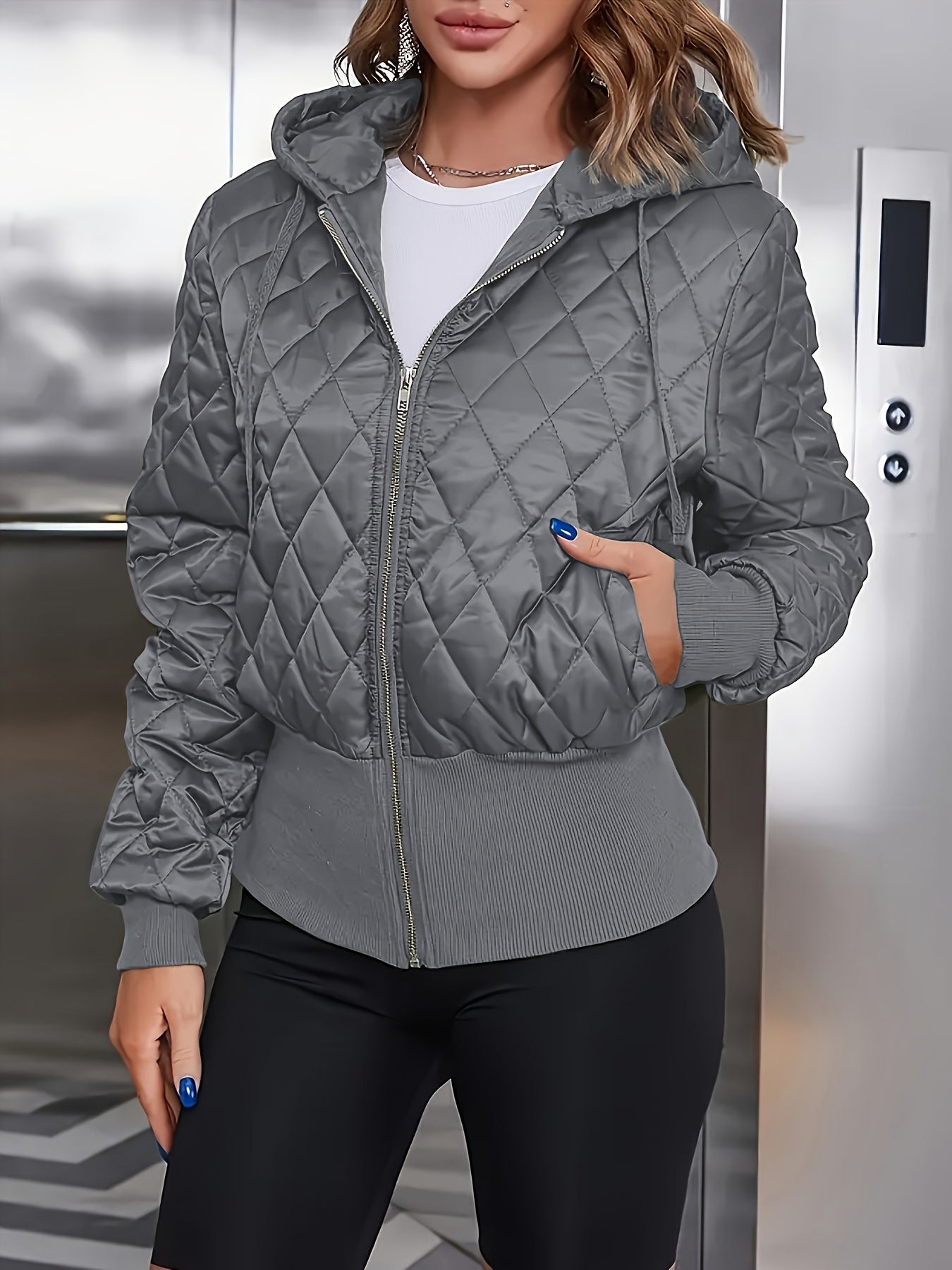 Casaco Acolchoado Casual com Capuz, Zíper e Cordão em Verde Militar