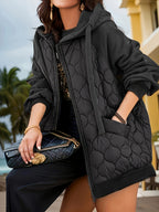 Casaco Elegante com Capuz | Outono/Inverno, Tecido Sem Elasticidade, Padrão de Escamas de Peixe, Manga Regular, Fecho de Zíper, Corte Larga