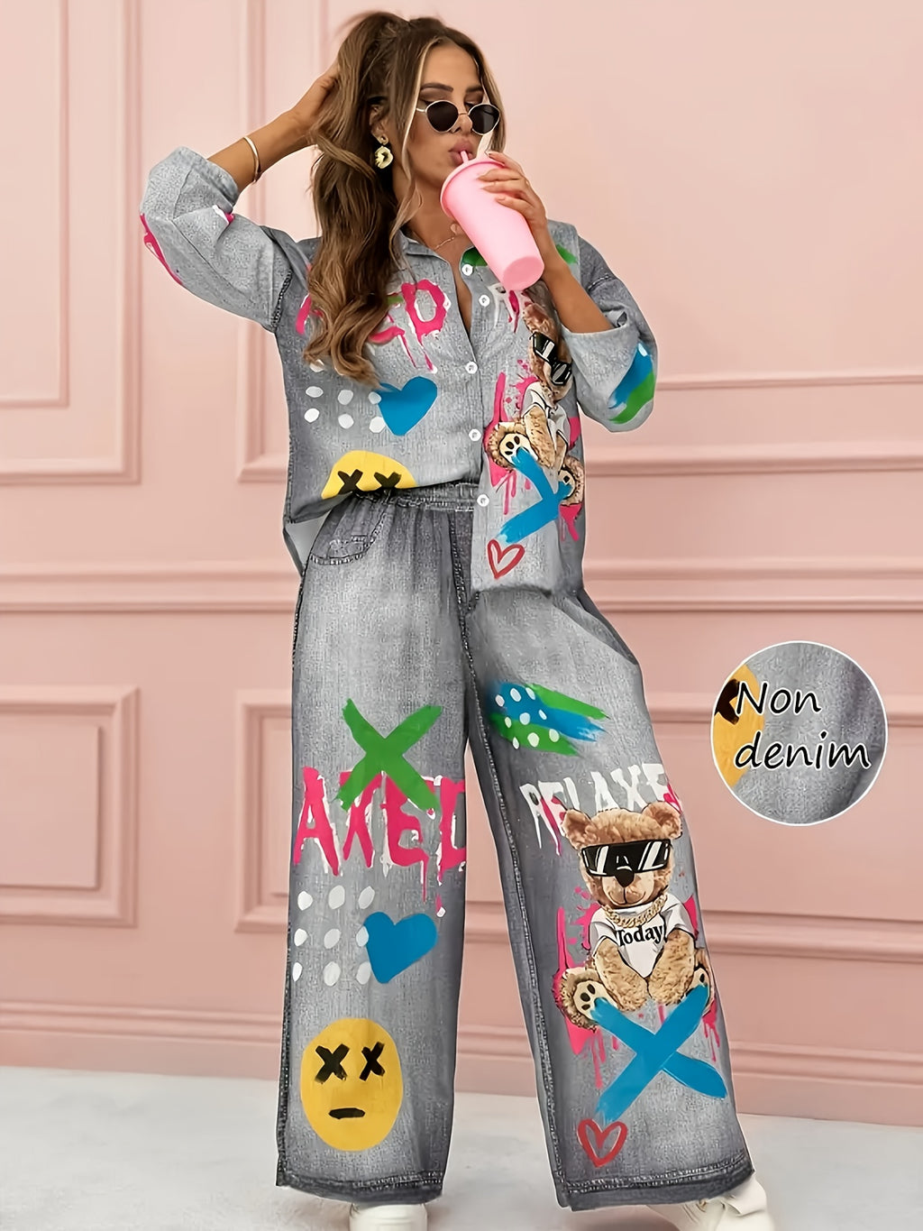 Conjunto Feminino de Outono-Inverno Casual com Estampa de Grafite e Imitação de Denim - Calça Estampada (Não em Tecido Jeans) - Duas Peças