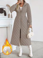 Casaco Longo de Quilting Elegante para Mulheres - Cor Sólida Manga Longa Inverno Quente com Bolsos, Design com Capuz, Comprimento Regular, Sem Cinto, Perfeito para Vestidos Casuais ou Elegantes, Casaco de Inverno, Casaco de Inverno para Mulheres
