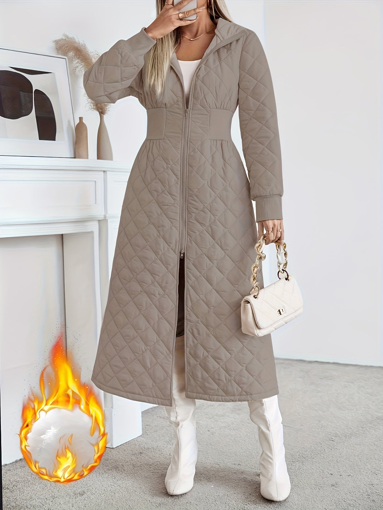 Casaco Longo de Quilting Elegante para Mulheres - Cor Sólida Manga Longa Inverno Quente com Bolsos, Design com Capuz, Comprimento Regular, Sem Cinto, Perfeito para Vestidos Casuais ou Elegantes, Casaco de Inverno, Casaco de Inverno para Mulheres