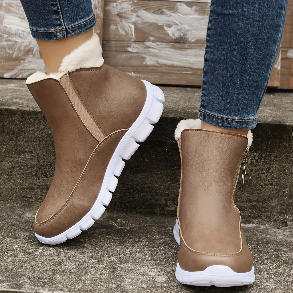 Botas de Inverno Femininas Aconchegantes com Forro de Fleece - Cano Curto, Solado Grosso, Zíper Lateral, Detalhe de Estrela, Bico Redondo Casual, Bege, Para Clima Frio, Botas de Inverno, Solado Grosso, Botas Curtas, Botas para Clima Frio