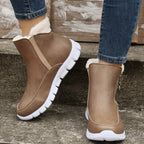 Botas de Inverno Femininas Aconchegantes com Forro de Fleece - Cano Curto, Solado Grosso, Zíper Lateral, Detalhe de Estrela, Bico Redondo Casual, Bege, Para Clima Frio, Botas de Inverno, Solado Grosso, Botas Curtas, Botas para Clima Frio