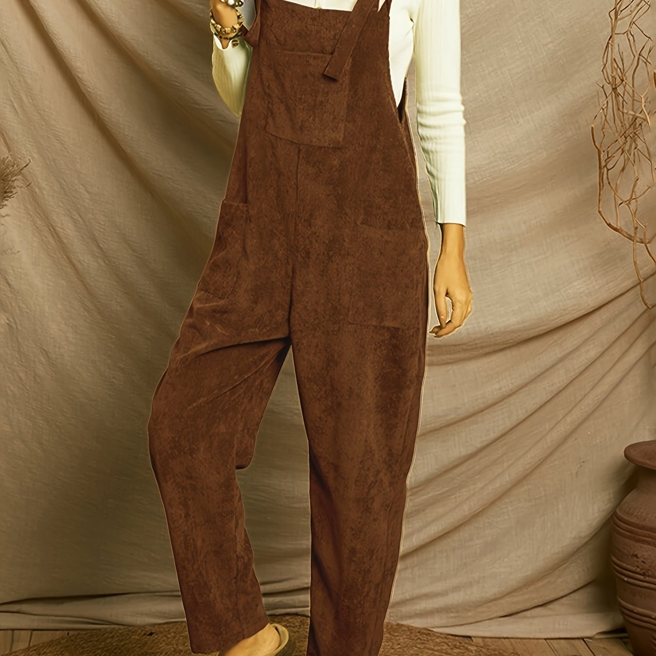Velvet Solid Jumpsuit with Patch Pockets for Women