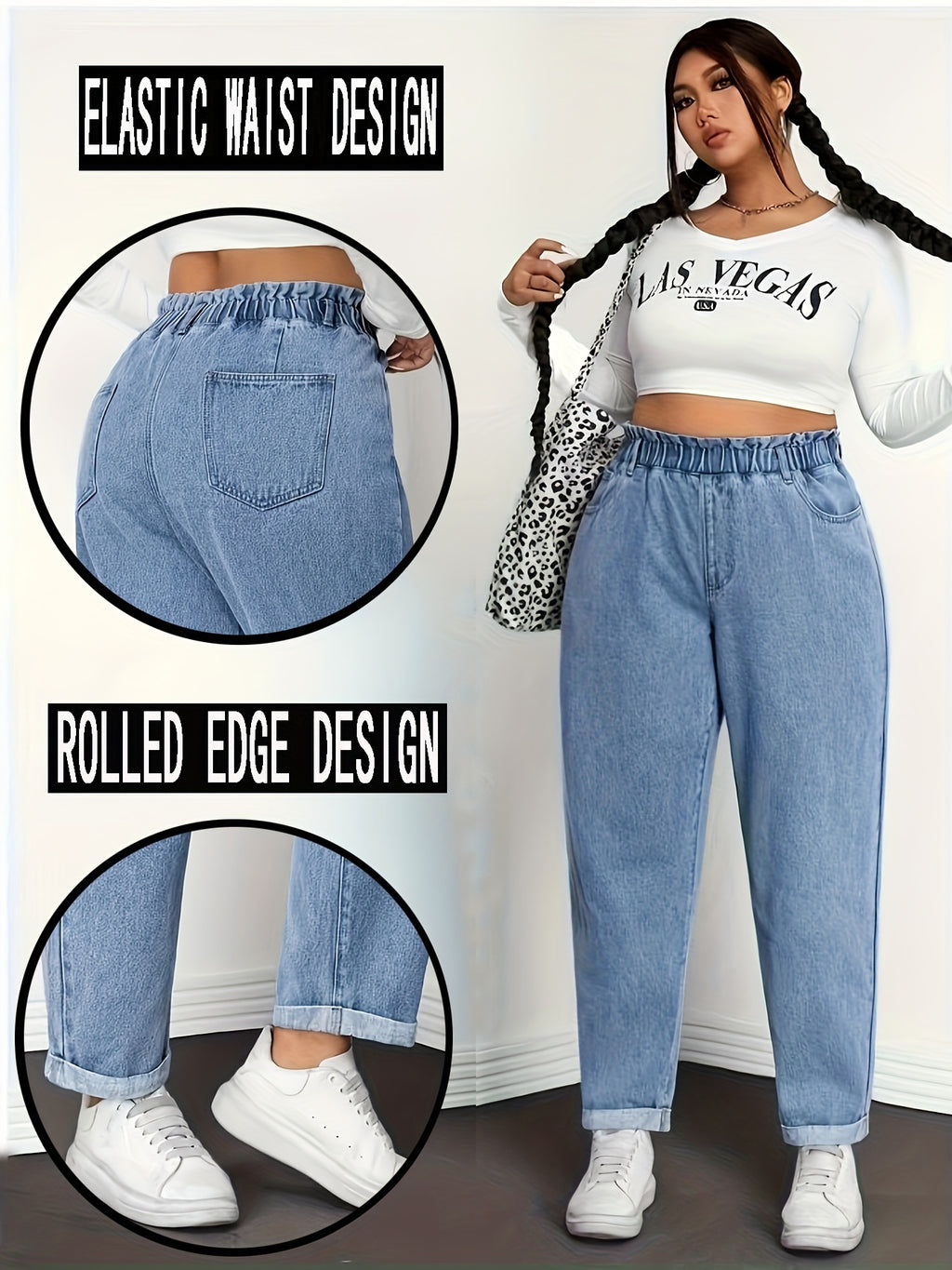 Calças Jeans Femininas de Cintura Alta - Cós Elástico que Não Deixa o Ventre à Vista, Calças Clássicas em Tecido Denim Sem Elasticidade para Uso Diário e Formal, Modelo H-Line Elegante e Casual