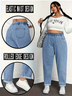 Calças Jeans Femininas de Cintura Alta - Cós Elástico que Não Deixa o Ventre à Vista, Calças Clássicas em Tecido Denim Sem Elasticidade para Uso Diário e Formal, Modelo H-Line Elegante e Casual