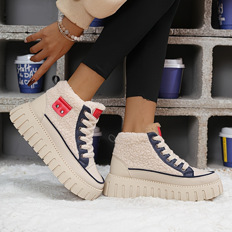 Botas Femininas de Inverno 2025, Cano Alto e Grosso com Forro de Fleece, Sapatos Esportivos Versáteis com Sola Grossa para Clima Frio