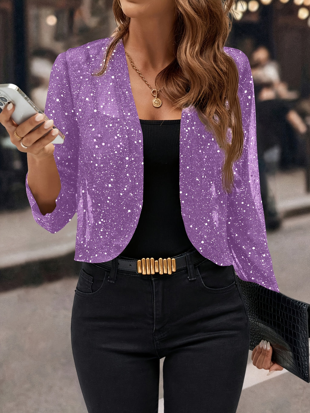 Jaqueta Cardigan Feminina com Lantejoulas e Glitter, Tecido Plissado em Folha Dourada Manga 3/4 Blazer Curto para Casual de Negócios