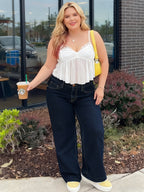 Calças Jeans Plus Size Femininas de Perna Larga em Linha H - Calças Compridas com Zíper na Coxa, Azul Escuro Elástico (Sem Passantes), Uso Casual e Formal para Todas as Estações, Lavável na Máquina para Mulheres Curvilíneas (Tamanho Plus Size)