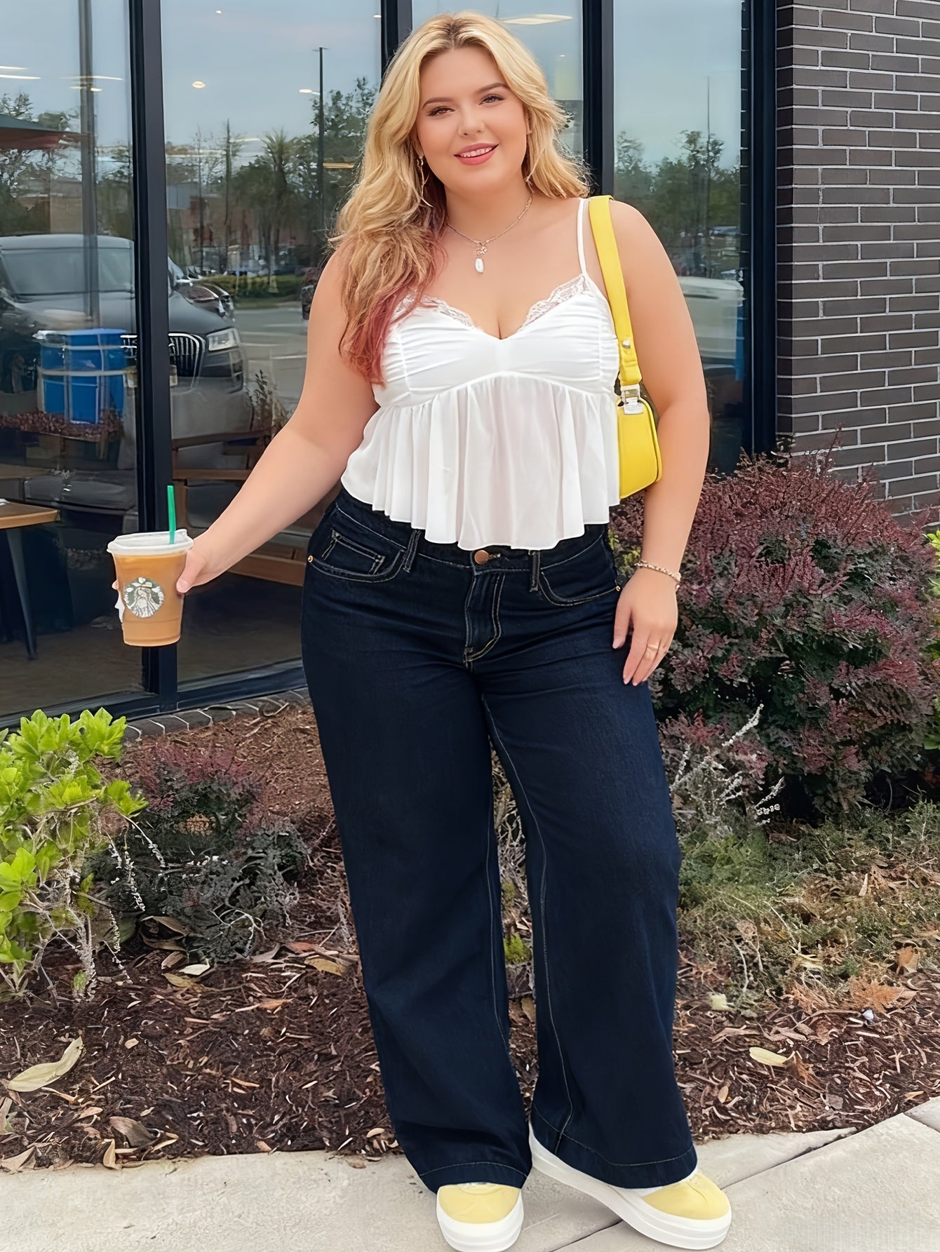 Calças Jeans Plus Size Femininas de Perna Larga em Linha H - Calças Compridas com Zíper na Coxa, Azul Escuro Elástico (Sem Passantes), Uso Casual e Formal para Todas as Estações, Lavável na Máquina para Mulheres Curvilíneas (Tamanho Plus Size)