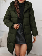 Casaco de Inverno Comprido Elegante com Capuz para Mulher - Casaco Leve com Fecho Completo e Bolsos, Roupa Exterior Quente de Comprimento Médio para Clima Frio, Cor Sólida, Corte Normal, Sem Cinto, Mangas Compridas, Casacos de Inverno